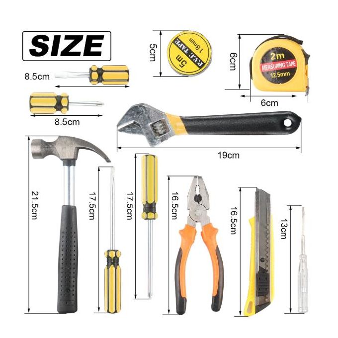 Ensemble d'outils de 12 pièces pour la maison avec boîte à outils en plastique pour réparations de voiture et réparations domestiques