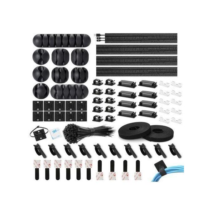Kit Gestion Câbles 110 pcs – Rangements, Attaches & Gaines Tressées pour Bureau, PC & Maison