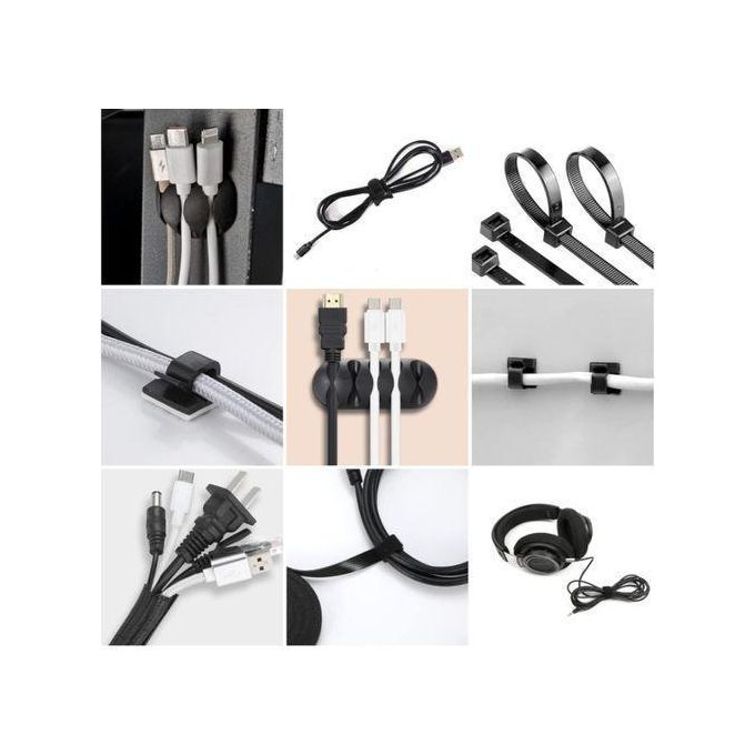 Kit Gestion Câbles 110 pcs – Rangements, Attaches & Gaines Tressées pour Bureau, PC & Maison