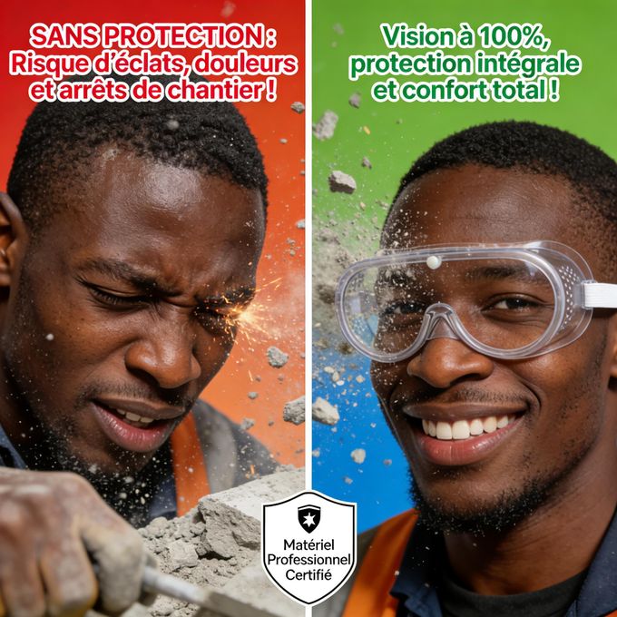 Lunettes de Protection Intégrales Anti-Poussière et Anti-Projections – Masque de Sécurité Ajustable avec Ventilation pour Chantier et Bricolage
