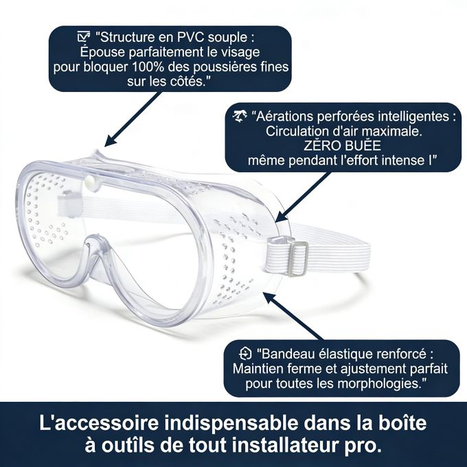 Lunettes de Protection Intégrales Anti-Poussière et Anti-Projections – Masque de Sécurité Ajustable avec Ventilation pour Chantier et Bricolage