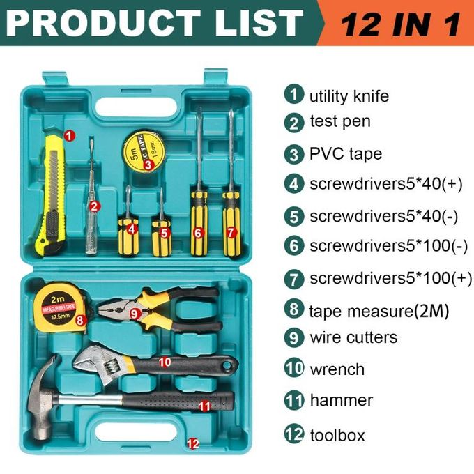 Ensemble d'outils de 12 pièces pour la maison avec boîte à outils en plastique pour réparations de voiture et réparations domestiques